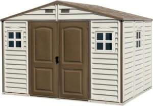 Duramax WoodSide 10 x 8 Plastic Garden Shed with 3 Fixed Windows & Metal Foundation Kit - Durable Storage Solution